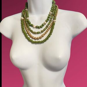 C1946 Green Gold Beads Layered Mulitstrand Statement Necklace